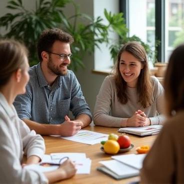 Team discussing healthy nutrition habits